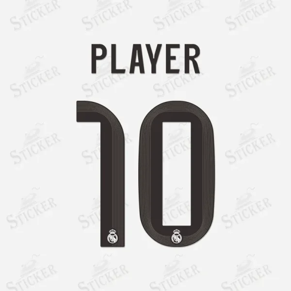 Real Madrid 2025-26 custom nameset print "PLAYER 10" in black with club crest.