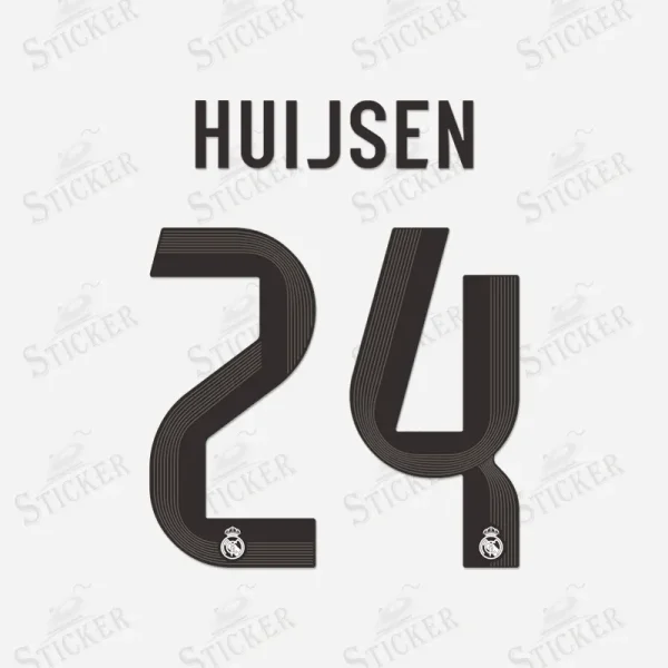 Real Madrid 2025-26 Huijsen #24 nameset print in black with the club crest.
