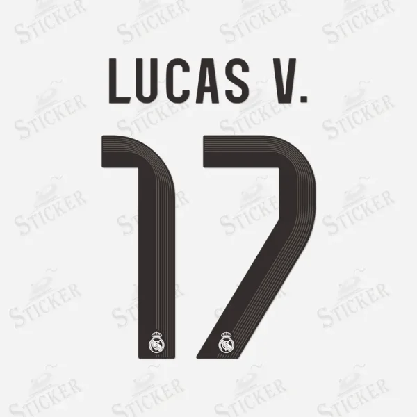 Real Madrid 2025-26 Lucas V. #17 nameset print in black with club crest.