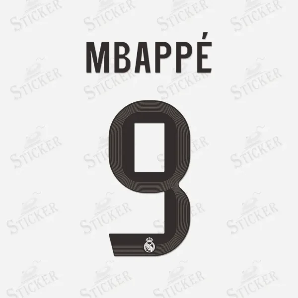 Real Madrid 2025-26 Mbappé #9 nameset print in black with the club crest, on a white background.