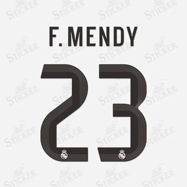 Real Madrid 2025-26 F. Mendy #23 nameset print in black with club crest.