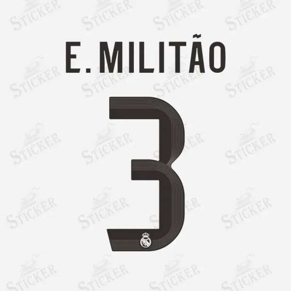 Real Madrid 2025-26 E. Militão #3 nameset print in black with club crest.