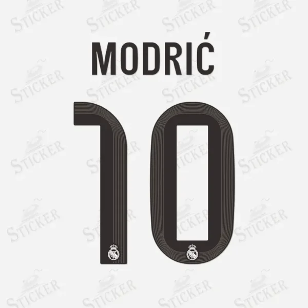 Real Madrid 2025-26 Modrić #10 nameset print in black with club crest.