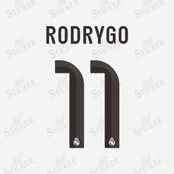 Real Madrid 2025-26 Rodrygo #11 nameset print in black with club crest on a white background.