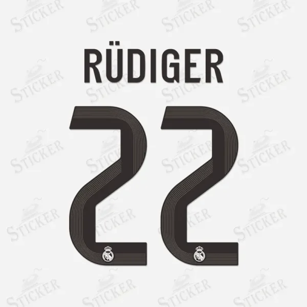 Real Madrid 2025-26 Rüdiger #22 nameset print in black with the club crest.