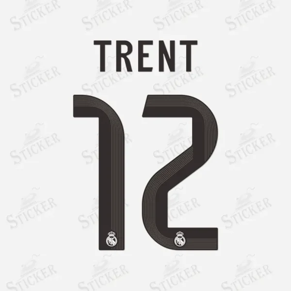 Real Madrid 2025-26 Trent #12 nameset print in black with club crest.