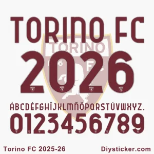 Torino FC 2025-26 official font showing numbers, letters, and team crest details.