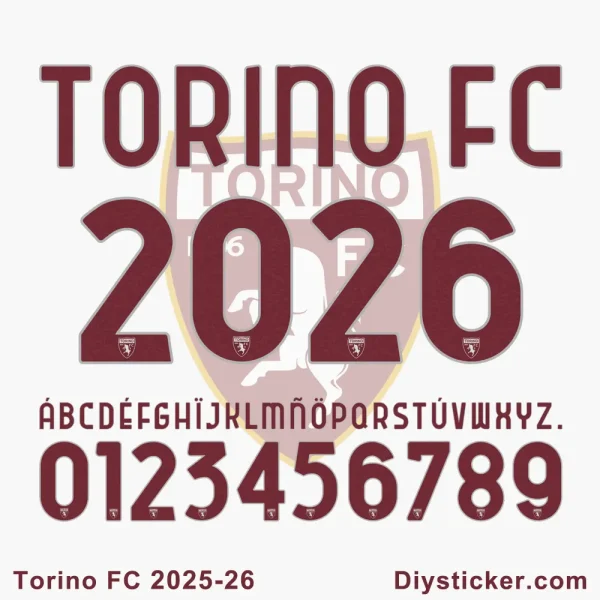 Torino FC 2025-26 official font showing numbers, letters, and team crest details.