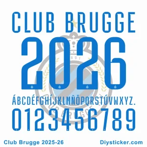 Club Brugge 2025-26 font showcase with uppercase, numbers, and accented characters in blue.