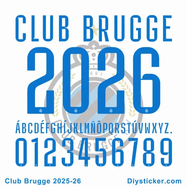 Club Brugge 2025-26 font showcase with uppercase, numbers, and accented characters in blue.