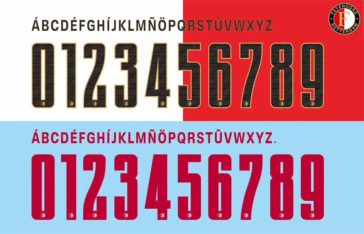 Feyenoord 2025-26 home and away jersey fonts side-by-side, showing numbers and alphabet.