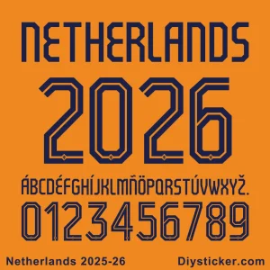 Netherlands 2025-26 official jersey font showing numbers, letters, and the Dutch lion emblem.