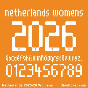 Netherlands 2025-26 Women's official jersey font with numbers, letters, and integrated lion crest.