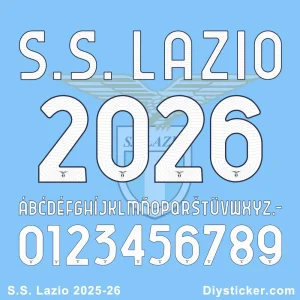 S.S. Lazio 2025-26 font showing full alphabet and numbers with crest in light blue.