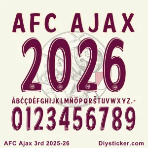 AFC Ajax 3rd kit 2025-26 official font preview showing uppercase letters, numbers, and design style.