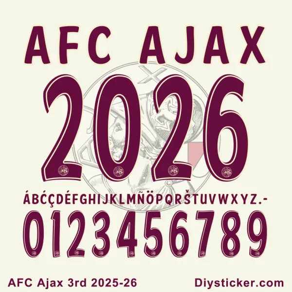 AFC Ajax 3rd kit 2025-26 official font preview showing uppercase letters, numbers, and design style.