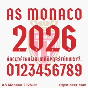 Official AS Monaco 2025-26 font with full alphabet, numbers, and unique character variations for custom designs