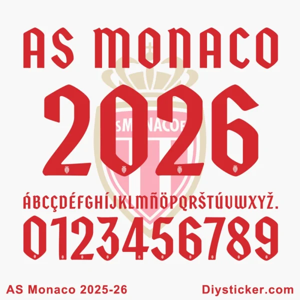 Official AS Monaco 2025-26 font with full alphabet, numbers, and unique character variations for custom designs
