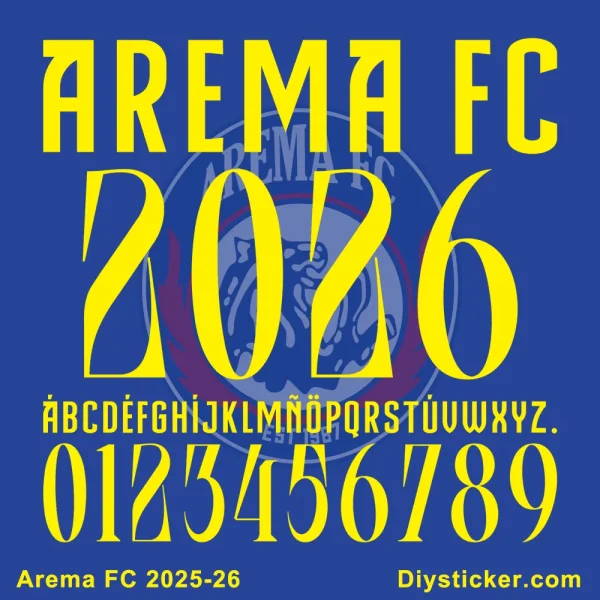 Official Arema FC 2025-26 font with full alphabet, numbers, and club branding for custom designs