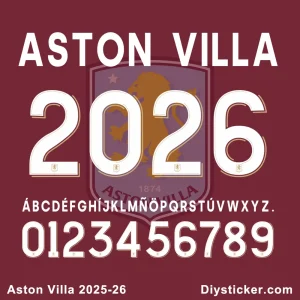Official Aston Villa 2025-26 font with full alphabet, numbers, club founding year "1874", and branding for custom designs.