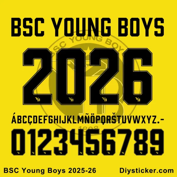 Official BSC Young Boys 2025-26 home and away jersey font with full alphabet and numbers for custom kit printing.