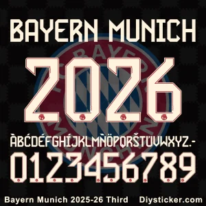 Official Bayern Munich 2025-26 third kit font with full alphabet, numbers, and club branding for custom jersey design