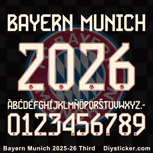 Official Bayern Munich 2025-26 third kit font with full alphabet, numbers, and club branding for custom jersey design