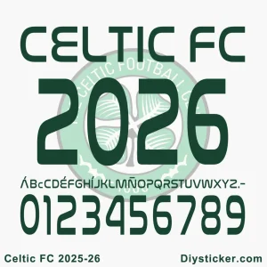 Official Celtic FC 2025-26 UCL font with unique Cyrillic-inspired characters and numbers for Champions League designs