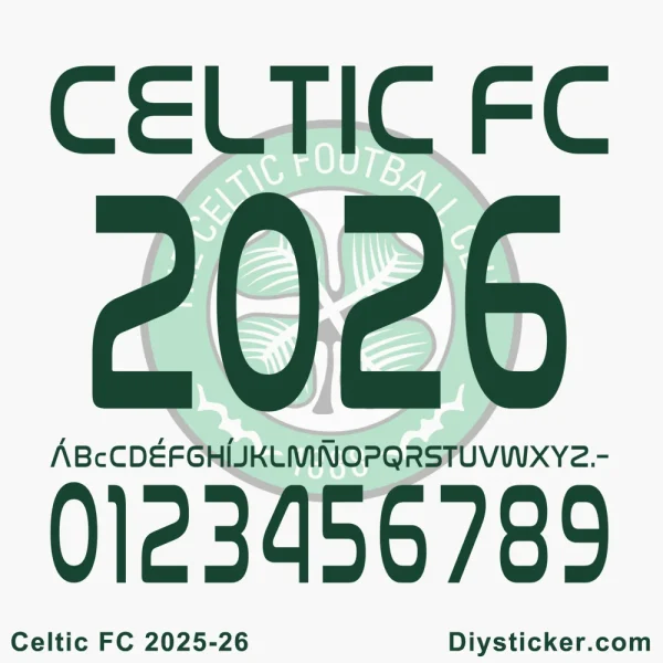 Official Celtic FC 2025-26 UCL font with unique Cyrillic-inspired characters and numbers for Champions League designs