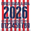Chivas Guadalajara 2025-26 Font Official Chivas Guadalajara 2025/26 blue jersey font on a red and white striped background, showing numbers and letters.