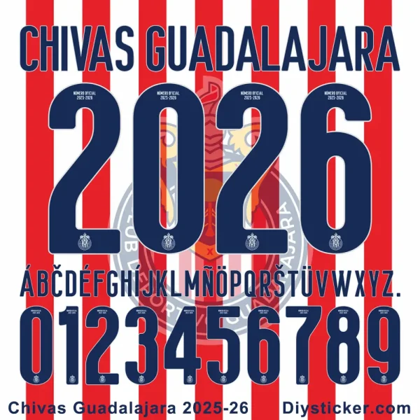 Official Chivas Guadalajara 2025/26 blue jersey font on a red and white striped background, showing numbers and letters.