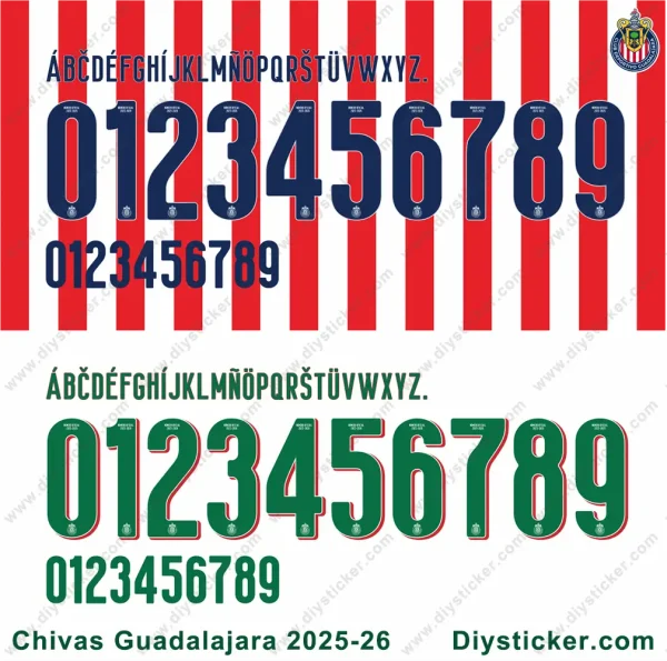 Preview of the Chivas Guadalajara 2025/26 jersey font in both the blue home color and the green away color.