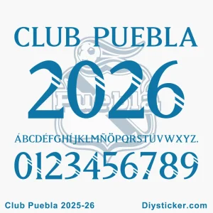 Official Club Puebla 2025-26 font with full alphabet, numbers, and club branding for custom designs.