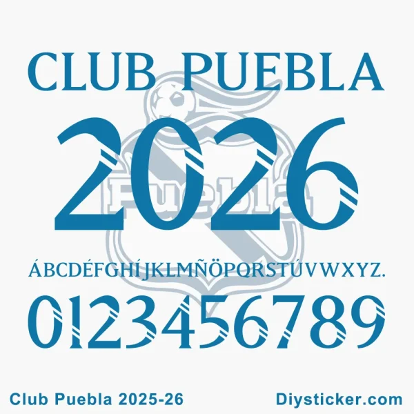 Official Club Puebla 2025-26 font with full alphabet, numbers, and club branding for custom designs.