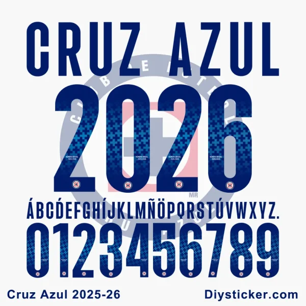 Official Cruz Azul 2025-26 typeface showing full alphabet, numbers, and sample text for instant download.