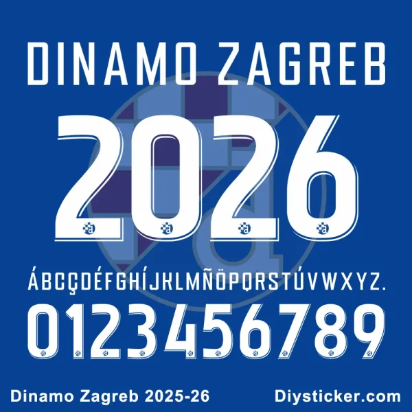 Official Dinamo Zagreb 2025-26 font showing full alphabet, numbers, and "Dinamo Zagreb 2025-26" sample text.