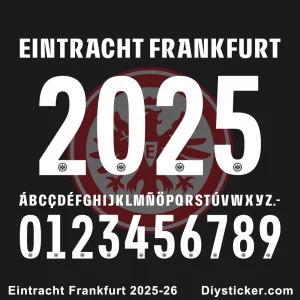 The official Eintracht Frankfurt 2025-26 kit font showing numbers, letters, and the club's logo on a dark background.