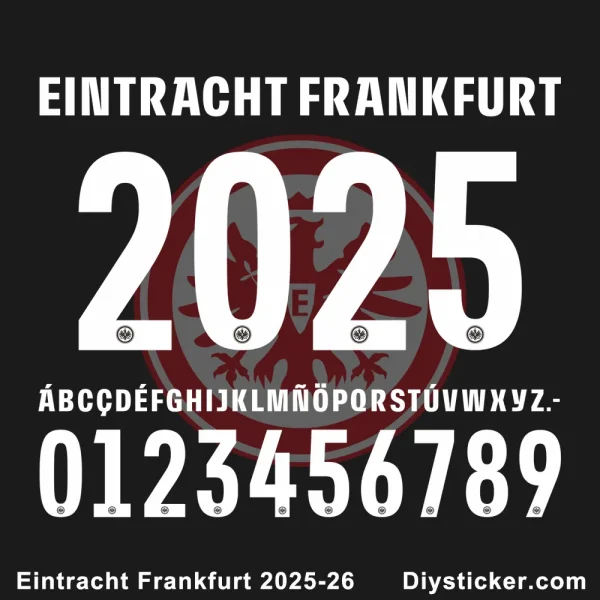 The official Eintracht Frankfurt 2025-26 kit font showing numbers, letters, and the club's logo on a dark background.