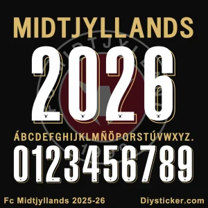 Official FC Midtjylland 2025-26 font with full alphabet, numbers, and club branding for custom designs