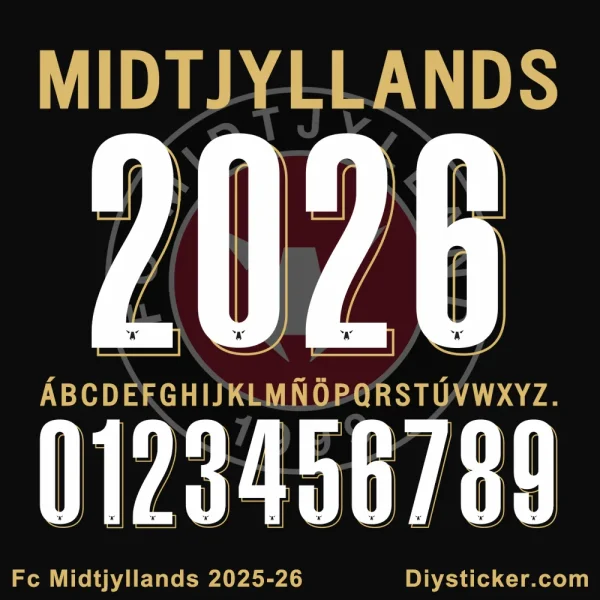 Official FC Midtjylland 2025-26 font with full alphabet, numbers, and club branding for custom designs