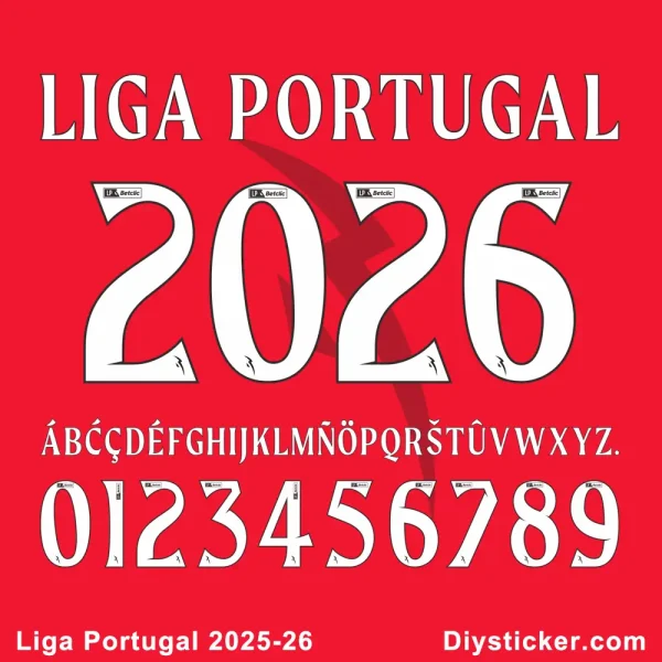 Liga Portugal 2025-26 official font preview with letters and numbers sample.