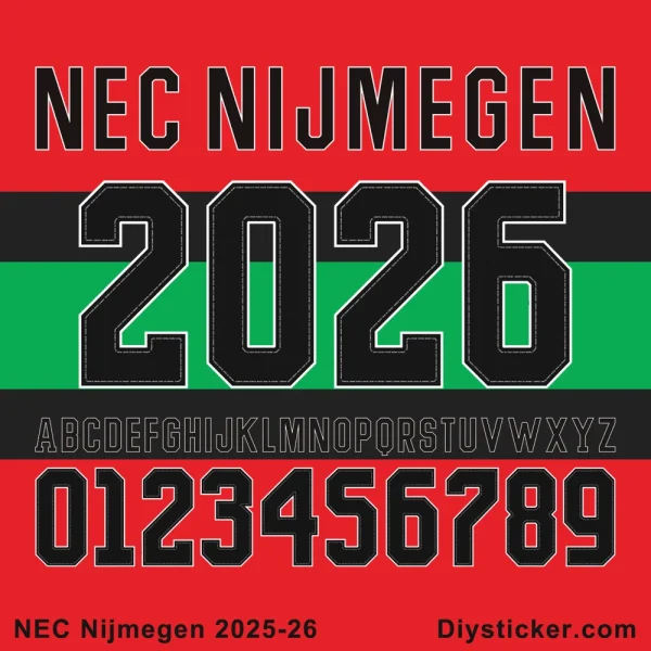Official NEC Nijmegen 2025-26 font preview with club branding and complete character set
