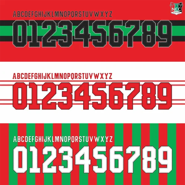 Complete NEC Nijmegen 2025-26 font character set showing multiple alphabet and number variations for design projects