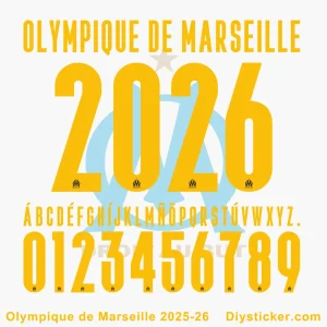 Official Olympique Marseille 2025-26 UEFA Champions League font with full alphabet, numbers, and club branding.
