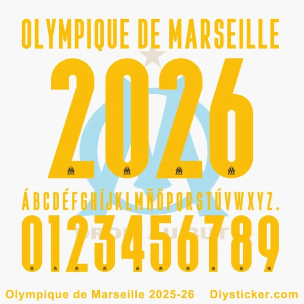 Official Olympique Marseille 2025-26 UEFA Champions League font with full alphabet, numbers, and club branding.