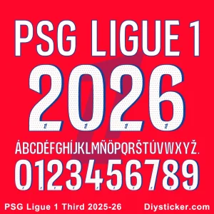 Official PSG Third Kit 2025-26 font preview featuring uppercase alphabet, numbers, and unique design.