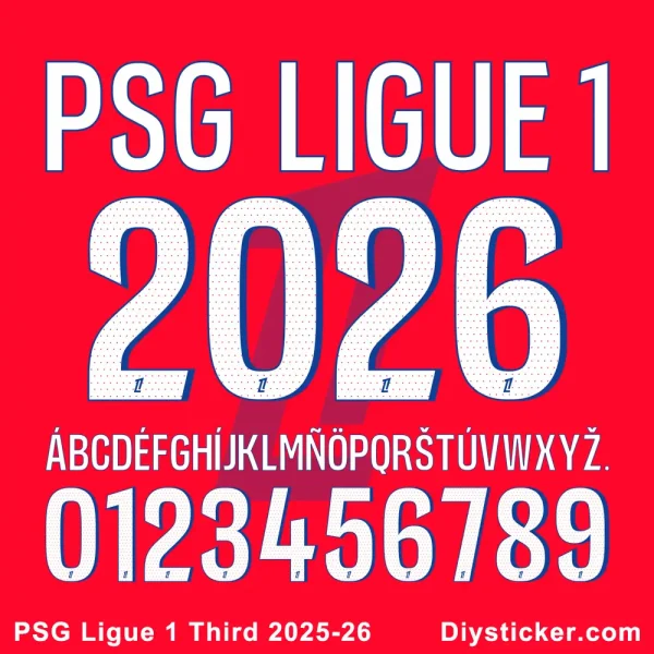Official PSG Third Kit 2025-26 font preview featuring uppercase alphabet, numbers, and unique design.