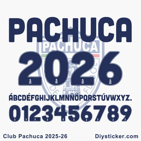 Pachuca 2025-26 font featuring bold numbers and letters with club crests, perfect for jersey design.