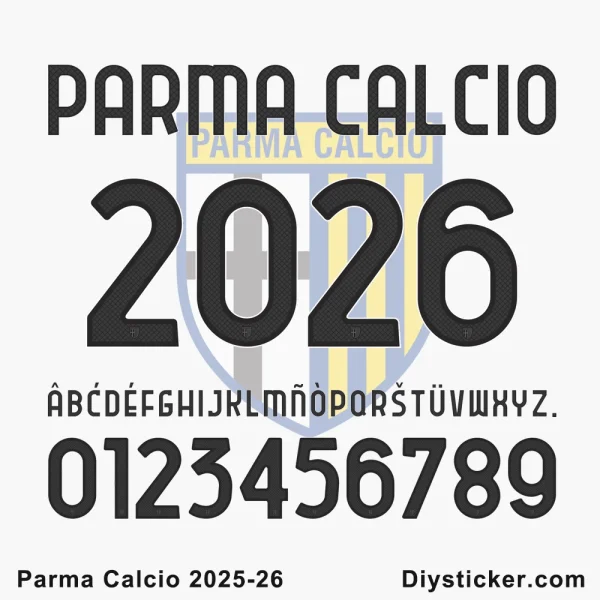 Official Parma Calcio 2025-26 font showing full alphabet, numbers, and "Parma Calcio 2025-26" sample text.