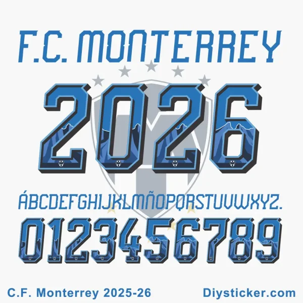 Close-up preview of the bold Rayados Monterrey FC 2025 and 2026 custom font style for designers.
